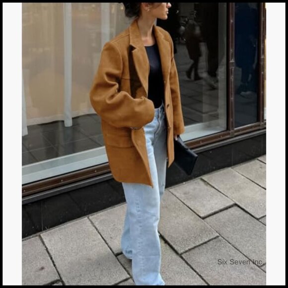 Faux Suede Leather Blazer Jacket Oversized Bomber Coat Fall Winter - Picture 5 of 5